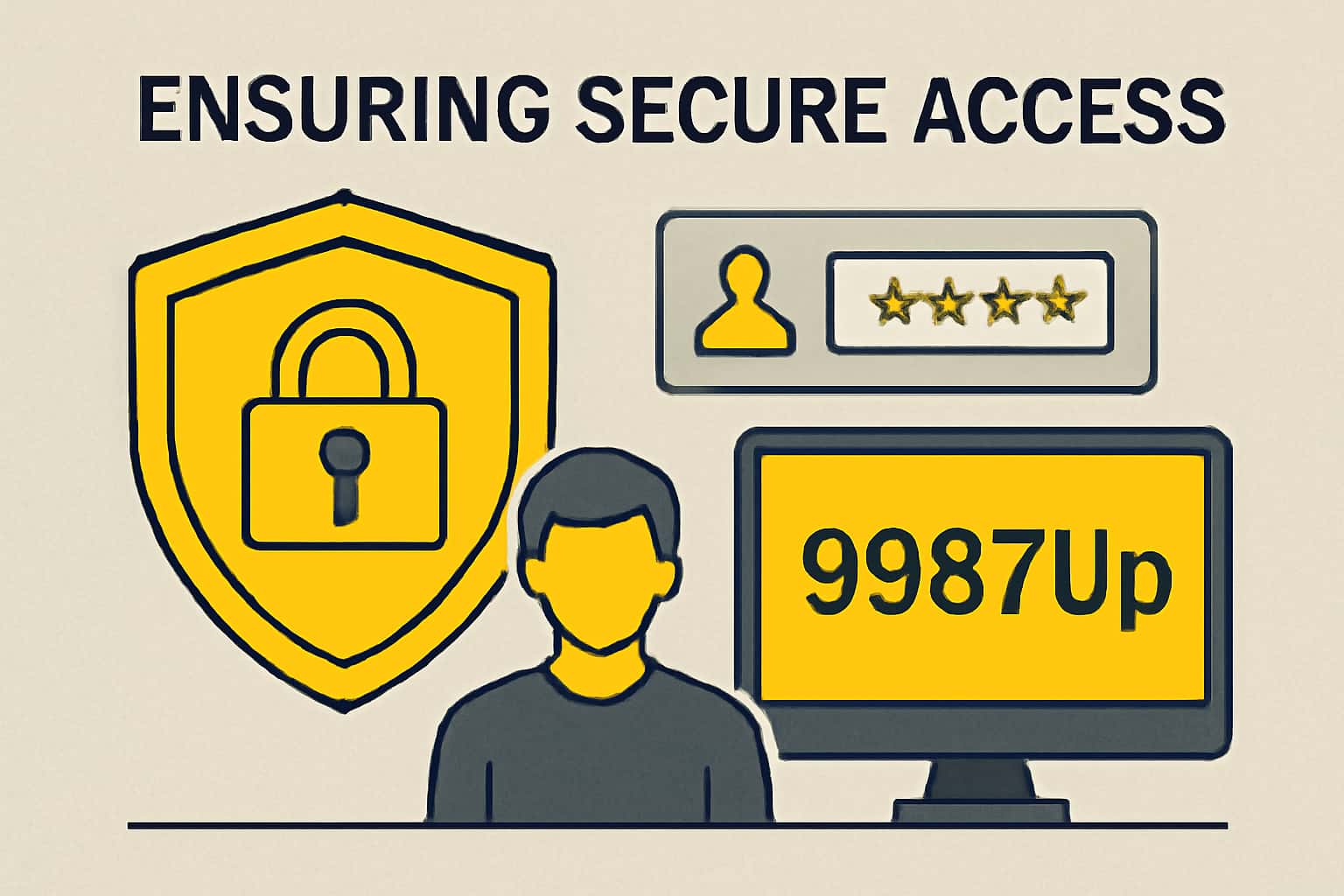 An informational graphic elaborating on secure access protocols for 9987Up, featuring a modern, high-tech design.