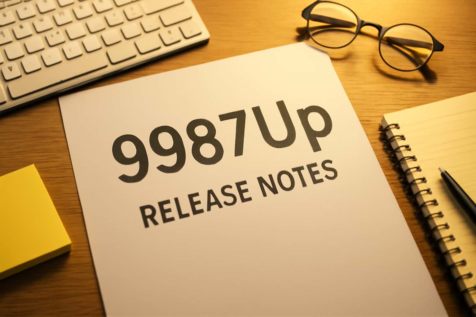 A high-tech rendering of the 9987Up Release Notes in a futuristic style.